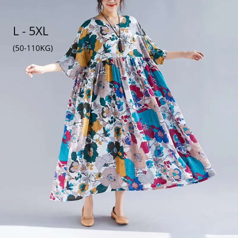

Womens Short Sleeves Summer Sundress Plus Size 4XL 3XL 2XL Cotton Line Floral Print Loose Dresses Boho Style Long Beach Dress
