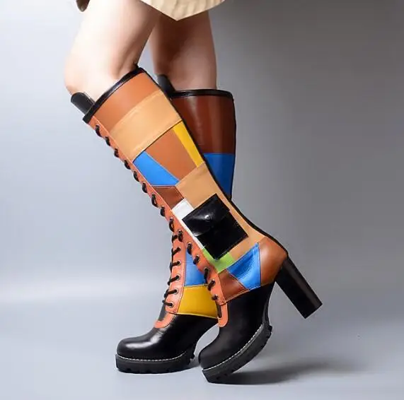 high quality knee high chunky heel platform lace up boots colorful leather chunky high heel knee high lace up boots high quality knee high chunky heel platform lace up boots colorful leather chunky high heel knee high lace up boots