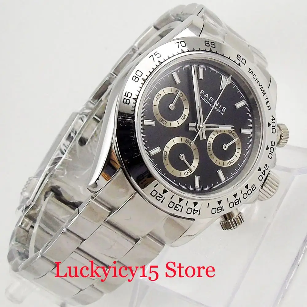 

PARNIS Round Sapphire Glass Quartz Men's Watch Silver Watch Case Chronograph Function 39mm Wristwatch