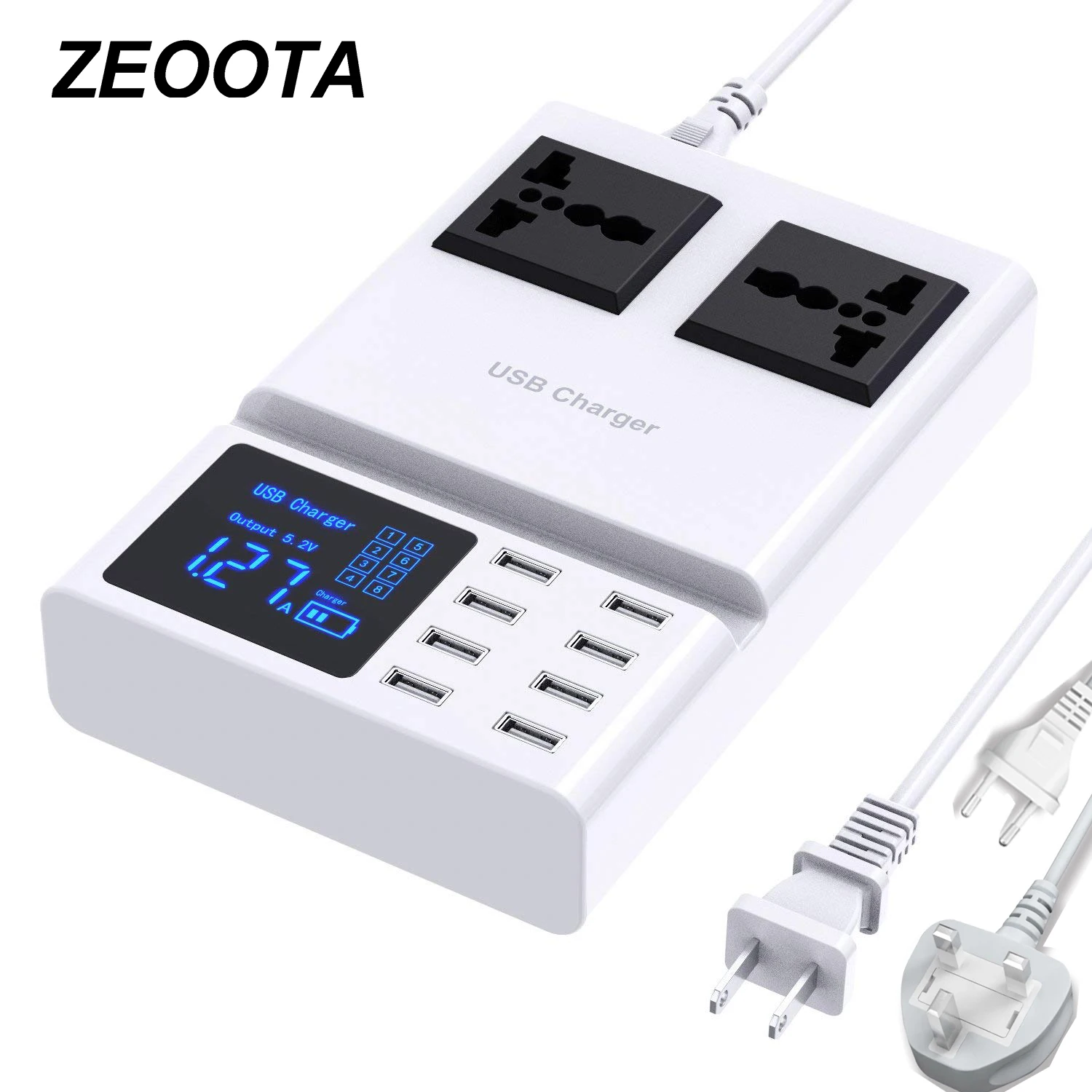 

Smart Power Strip 40W 8A Multi Port USB Charger 8 Ports Adapter Smart Chip 2 Sockets Plug with USB Charging Station LCD Display