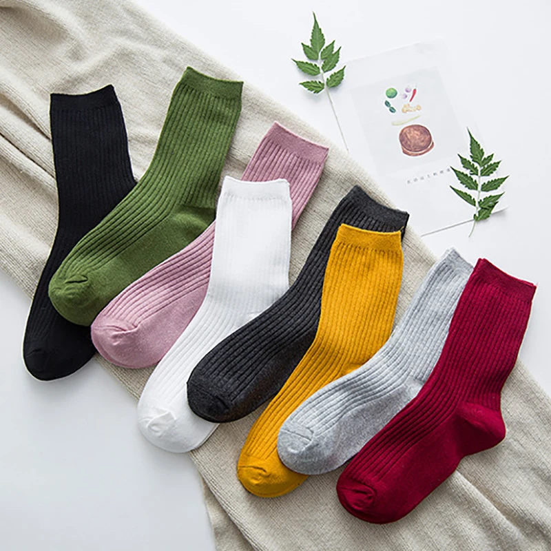 Women Brand Basic Socks Daily Sock Solid Colors Comb Cotton Knitted