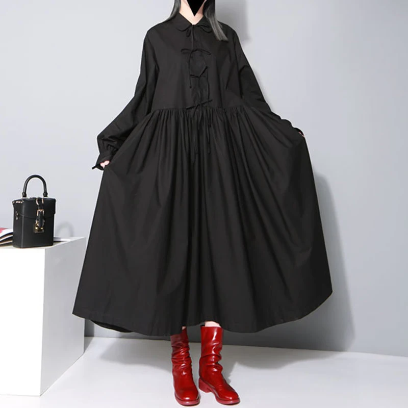 Chicever большой Размеры Кружево туника миди платье-рубашка Для женщин осень Фонари рукавом Высокая талия черный Платья для женщин женские Повседневная одежда