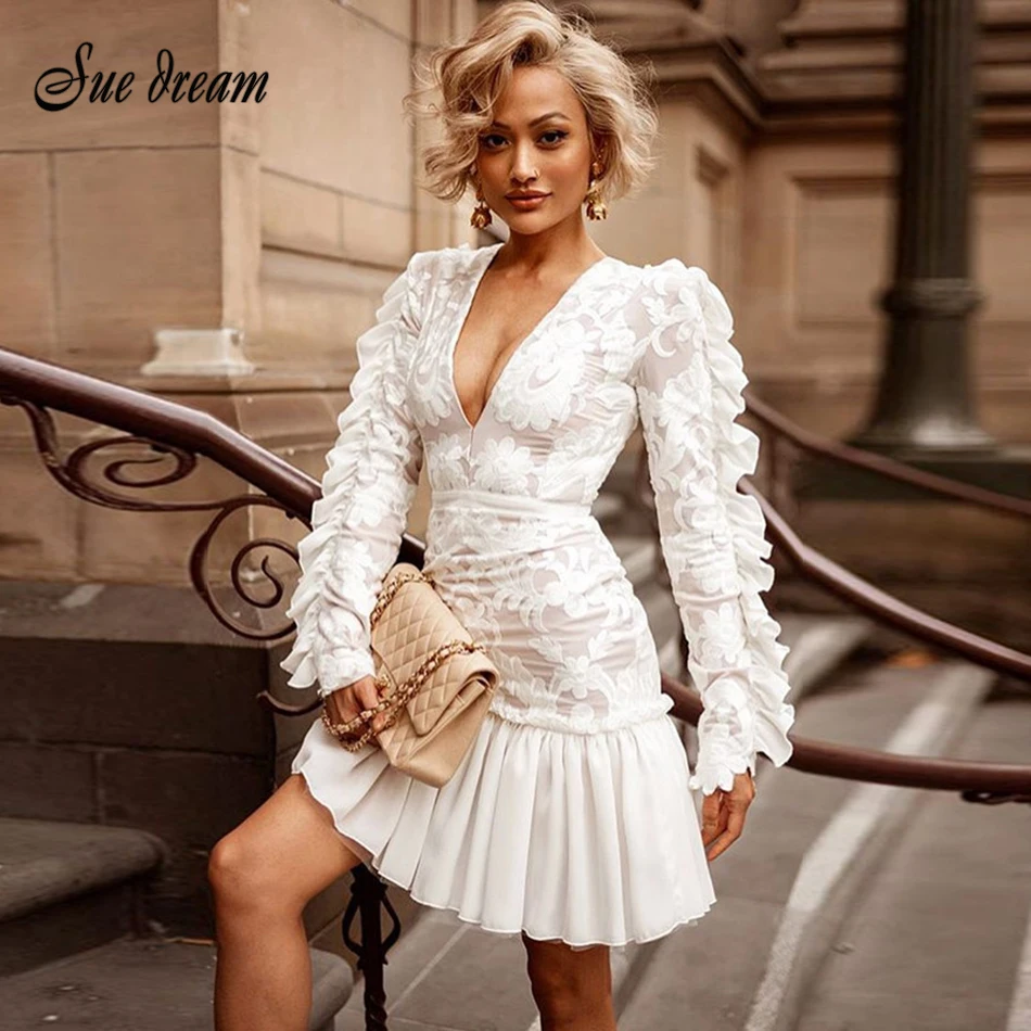 Winter Women's New Lace A-line Full Sleeve Mini Dress V Deep Ruffle Fashion Sexy Skinny Club Party Fashion Ladies Dress