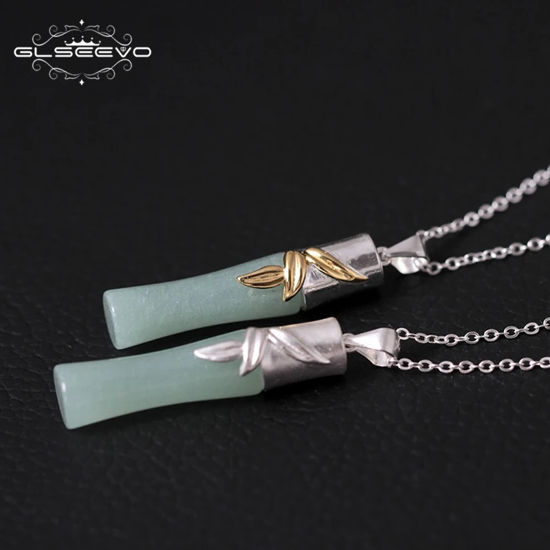 

GLSEEVO 925 Sterling Silver Bamboo Leaves Necklaces & Pendants GreenJade Natural Stone Necklace Handmade Jewelry Collares GN0010
