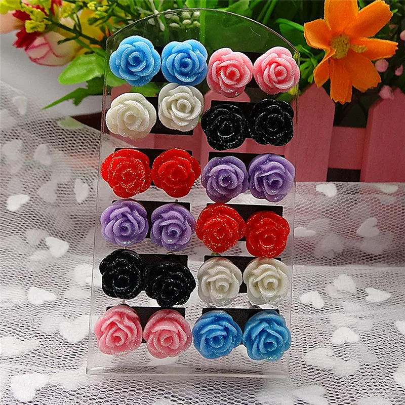 12 Pairs Resin Colorful Plastic Ear Stud Rose Flower Stud Earringin