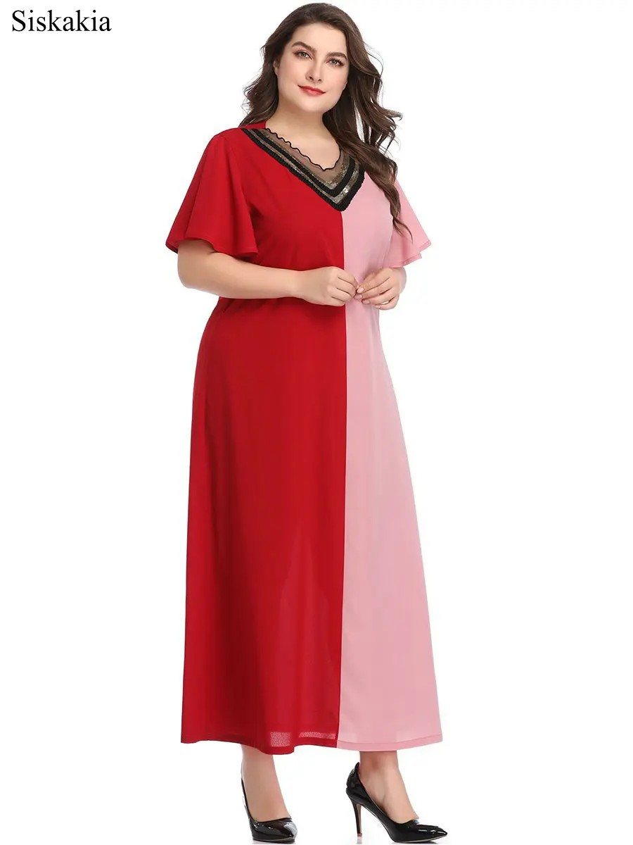 Siskakia Vintage Contrast Color Patchwork Dress For Women Mesh V Neck Flare Sleeve Red Ladies Dresses Plus Size Casual Clothing (4)
