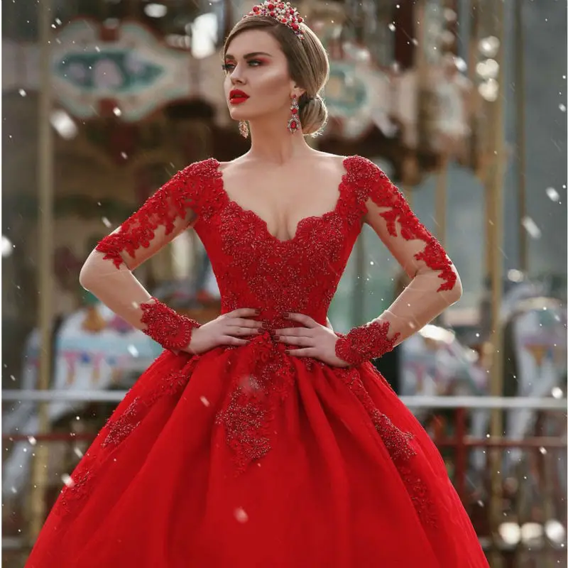 red wedding gowns with sleeves