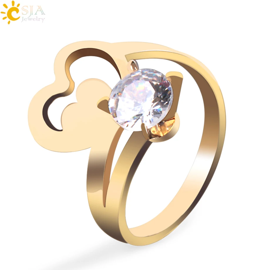 

CSJA Drop Shipping Stainless Steel Rings for Women Hollow Heart Gold-color Finger Ring Single CZ Crystal Gem Trendy Jewelry E901