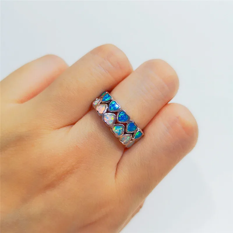 Boho Женский Голубой Белый огненный опал сердце кольцо милая Мода 925 стерлингового серебра ювелирные изделия винтажные Свадебные обручальные кольца для женщин