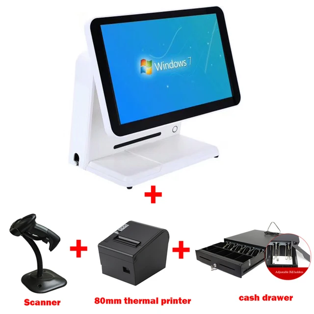 Cheap 15 inch touch screen all in one POS terminal sell with 80mm thermal bill printer and cash drawer as well as scanner