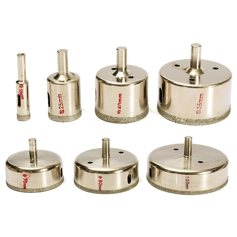 HHO-7Pcs/набор металлических алмазных дырочек с алмазным покрытием, Мраморная стеклянная пила для резки, набор сверл 10-100 мм - Цвет: Silver