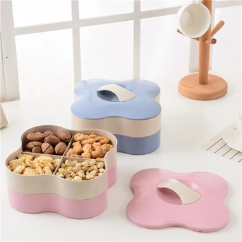 

Double-Layer Wheat Straw Candy Boxes Creative Four-Leaf Clover Shape Moisture-proof Fruit Snack Case Desktop Sealed Organizer