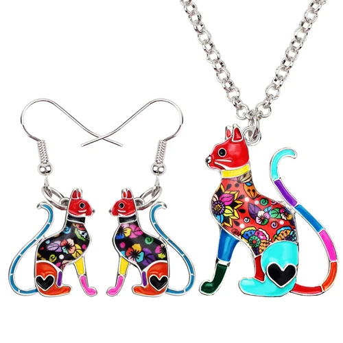Bonsny, эмалированный сплав, элегантные серьги в виде котенка, кошки, ожерелье, ювелирные наборы для женщин, девочек, подарок для подростков,, Bijoux, подвески - Окраска металла: Multicolor