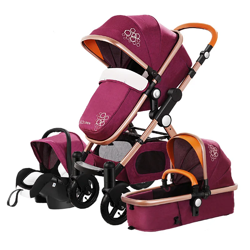 

High View Luxury Infant Baby Stroller 3 In 1 Four Wheel Folding Travel System with Car Seat Cradle Sleeping Basket Stroller Pram