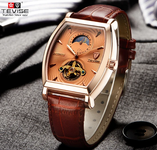

TEVISE Skeleton Automatic Watch Men Waterproof Mens Mechanical Watches Leather Calendar Rose Gold Relogio Masculino 8383d
