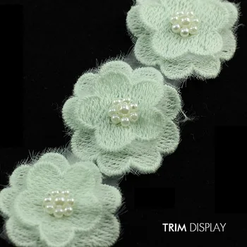 

Light Green Beaded Pearls Rhinestones Lace Fabric Ribbon Trim Applique Scrapbooking Craft Sewing for Wedding Dress 10yard/ T878