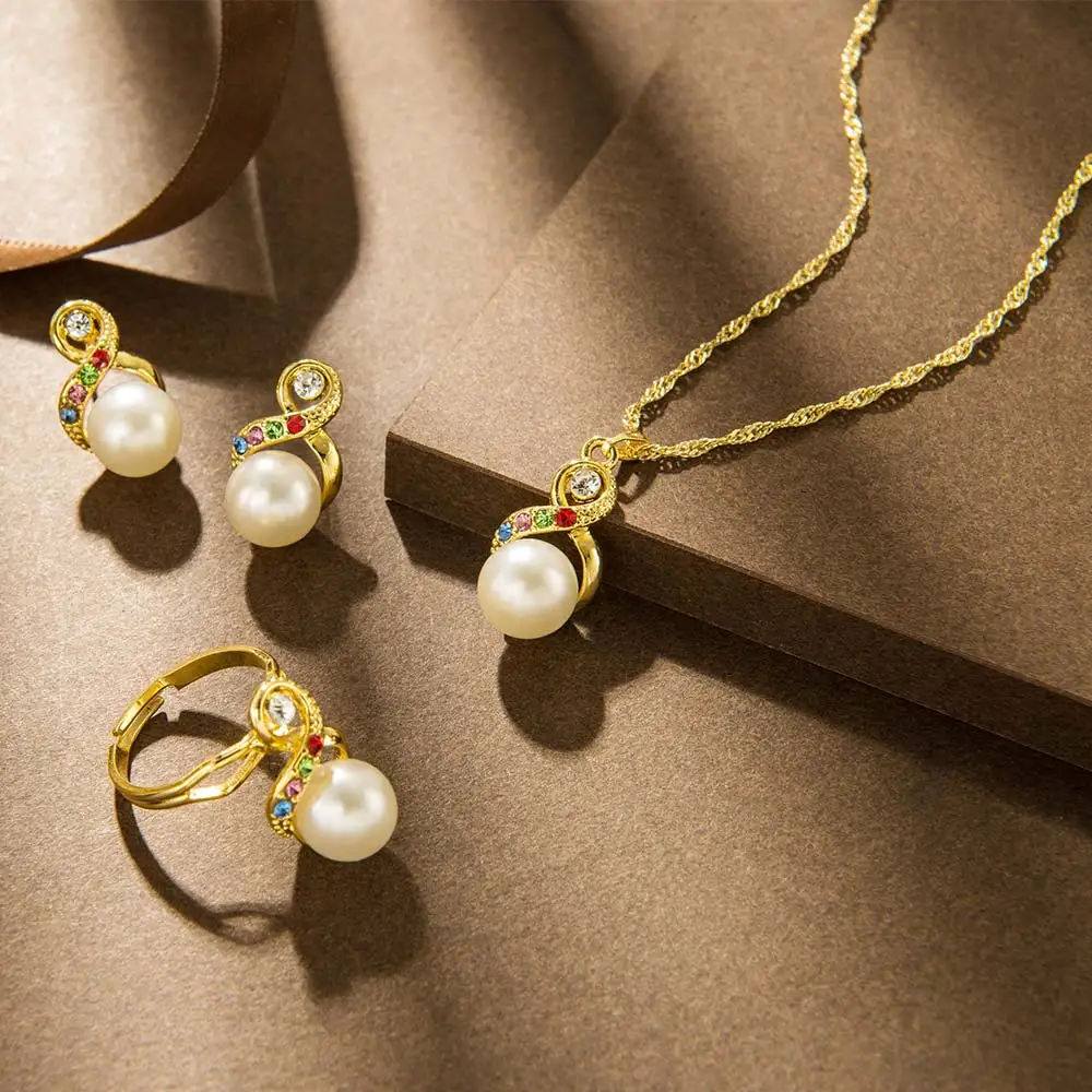 

Qggle Colorful Rhinestone Jewelry Sets for Women Gold Color Simulated Pearl Pendant Necklace Earrings Bracelet Jewelry Set