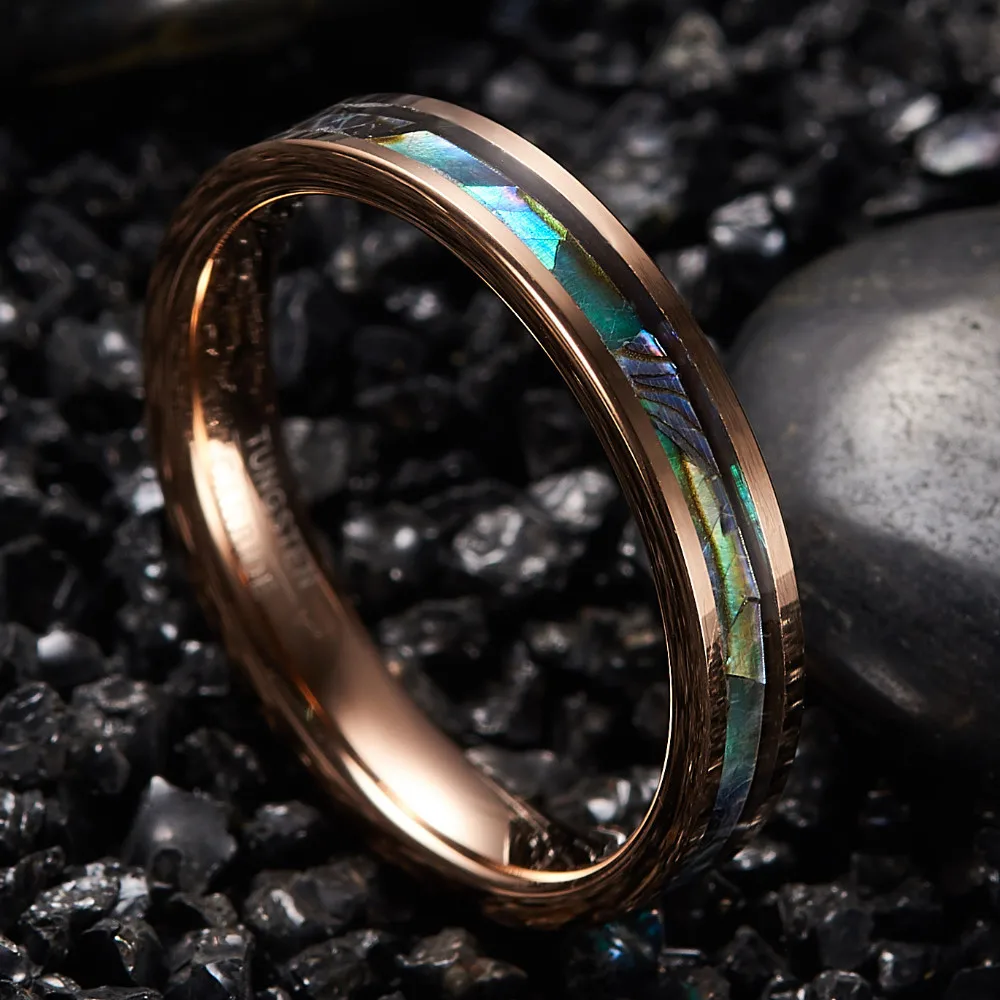 New Chic Desgin Wedding Band Fashion Men's Rings 4MM Wide Rose Gold Inlaid Abalone Shell Tungsten Steel Ring