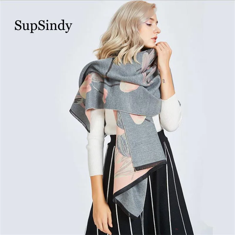 

SupSindy Women Winter scarf Thick soft warm Cashmere wool scarf for women luxury brand fashion Tulip Flowers Shawl Scarves Gray