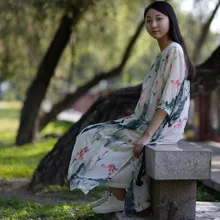 SCUWLINEN 2017 Summer Dress Chinese Ink and Wash Painting Women Dress Fairy Vintage Silk Dresses O-Neck Party Dresses S81