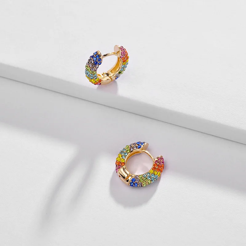 

WTLTC Small Colourful Crystal Hoop Earrings for Women Steampunk Glitter Hoops Earrings 15mm Round Huggie Earrings Dainty Jewelry
