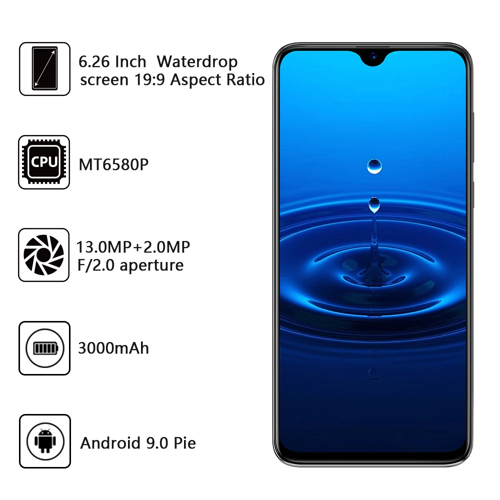 Cubot R15 SmartPhone Android 9.0 Pie 6.26'' 19:9 Water-Drop Screen MT6580P 2GB+16GB Finger ID Dual Rear Camera 13MP 3000mAh Good