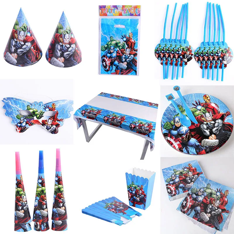 

Optional Avengers Decoration Kids Party favors Plates Fork Flag Children Kids Birthday Party Supplies Disposable Tableware Sets