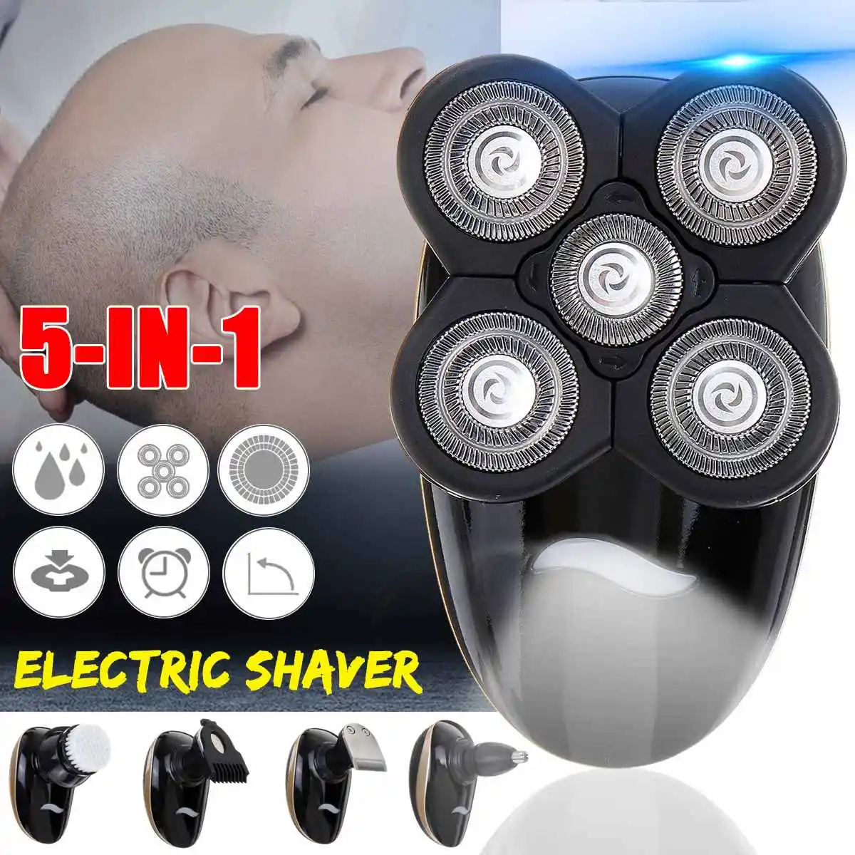 

5 in1 4D Floating Blade Head Rechargeable Men Electric Bald Head Shaver Beard Trimmer Razors Nose Hair Cutter Wet/Dry Washable