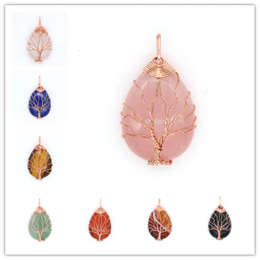 

Kraft-beads Rose Gold Color Wire Wrap Tree of Life Water Drop Lapis Lazuli Pendant For Tiger Eye Stone Jewelry