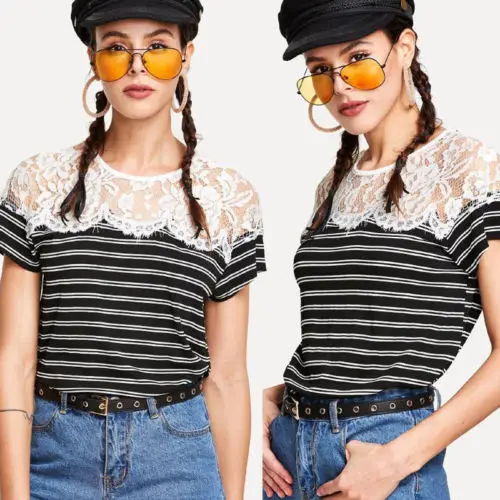 

New 2018 Women Summer Casual Short Sleeve Lace Floral Patchwork Striped Tops Tee Shirt Loose T-Shirts