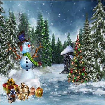 

Falling Snowflakes Winter Scenic Photography Backdrop Printed Christmas Tree Presents Pine Trees Snowman Kids Photo Backgrounds