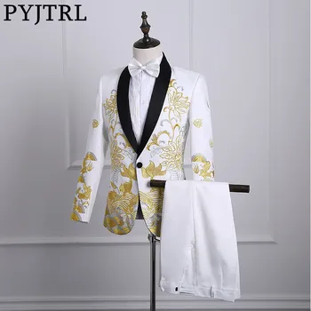 

PYJTRL Male Shawl Lapel White Black Red Embroidered Prom Dress Suits Stage Singer Costume Homme Mens Suits With Pants