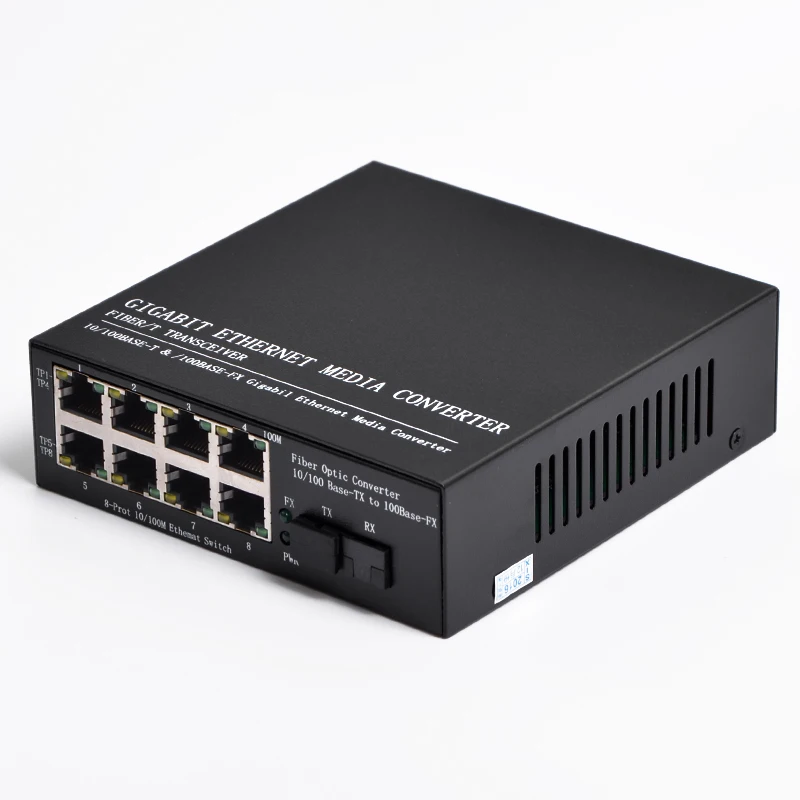 Медиаконвертер Fast Ethernet 10/100 Мбит/с оптический Media Converter 8 Порты RJ45 до 1 Порты и разъёмы одномодовых SM волокно SC трансивер 20 км