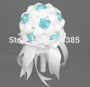 

White & Turquoise Handmade Diamante Clear Crystal Rhinestone Satin Roses Flower Girls Bridesmaid Bouquet Party Favors