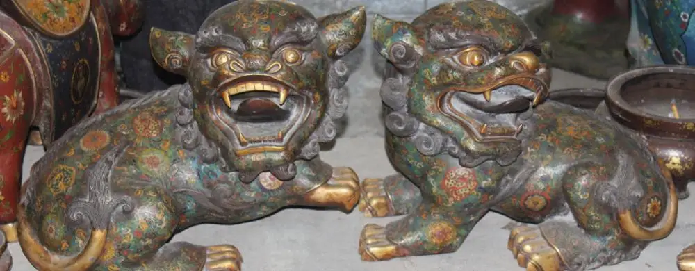 22&quotOld Rare Feng Shui Cloisonne Enamel Gilt Foo Fu Dog Guardion Lion Pair Statue | Дом и сад