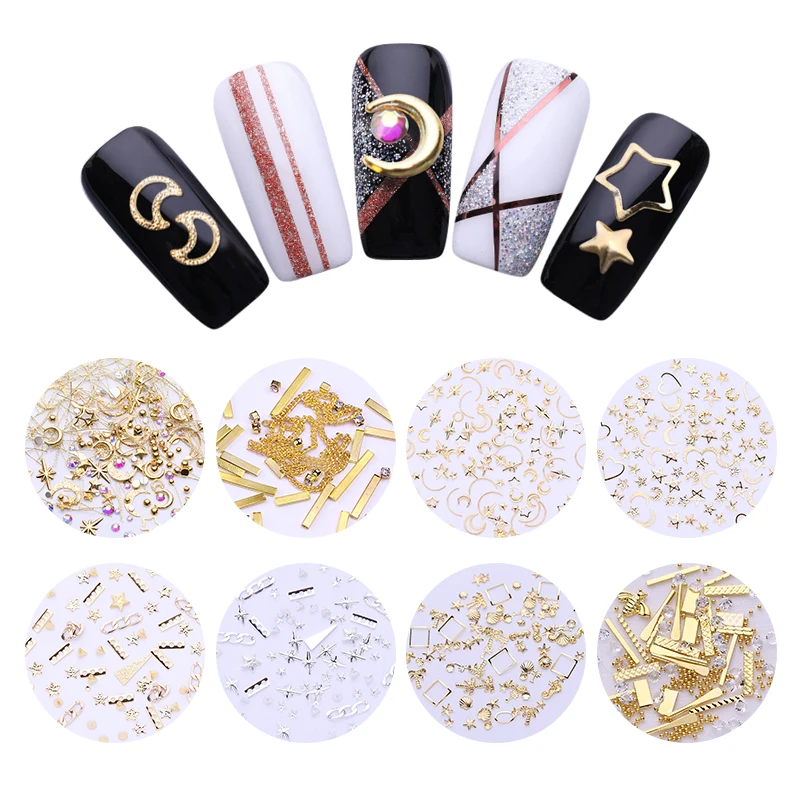 

Nail Studs Rivet Beads Rose Gold AB Color Rhinestones Star Moon Design 3D DIY Mixed Shape UV Gel Polish Nail Decorations