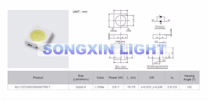 500pcs EVERLIGHT светодиодный подсветка 1W 3030 3V холодный белый 80-90LM ТВ применение 62-113TUN2C/S5000-00F/TR8-T