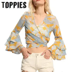 Для женщин с расклешенными рукавами шифоновые блузки с цветочным принтом рубашка с v-образным вырезом повязку талии укороченные топы