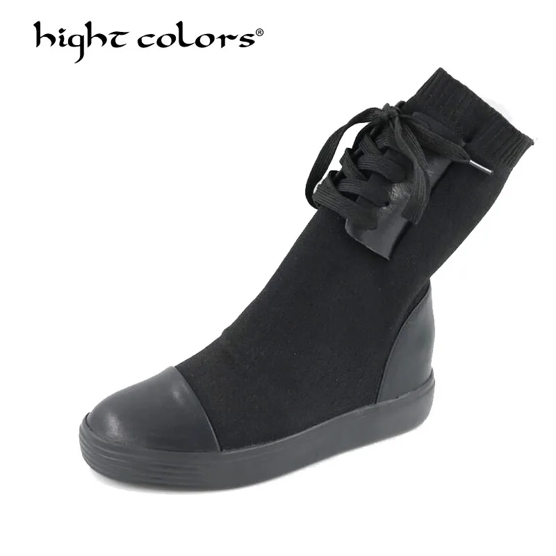 

Winter Warm Velvet Cotton Boots Lace Front Black Genuine Leather +Lycra Solid Color Female Shoe Low Heels Platform Woman Boots