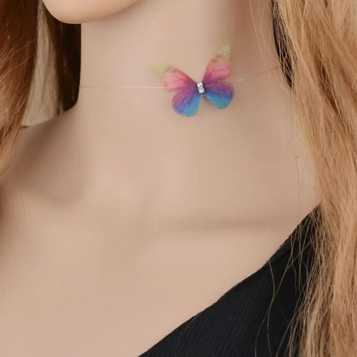 

2018 New Fashion Cool Designer Crystal Colorful 3D Yarn Butterfly Chokers Invisible Fishline Silk Choker Necklace for Women Gift