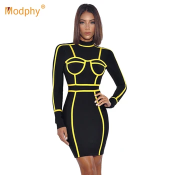 

2019 Spring Black Women's Bandage Mini Dress Striped Long Sleeve Bodycon Vestidos Sexy Club Party Fashion Nightclub Dress