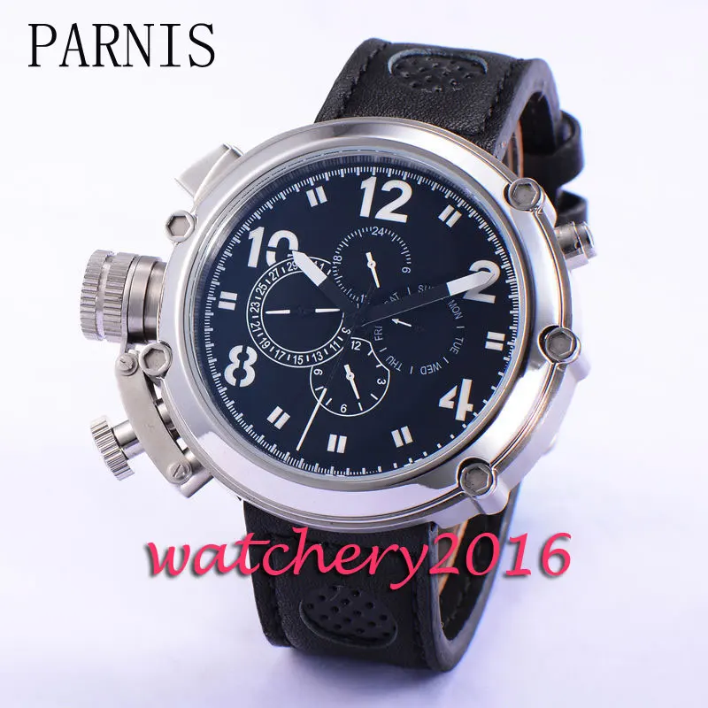 Sport 50mm Parnis black dial polished case week date 24 hours automatic movement Men's Watch