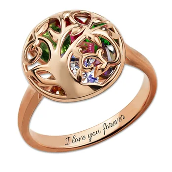 

AILIN Mother Birthstone Ring Engraved Cage Ring Personalized Rose Gold Color Family Tree Ring Gift