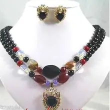 Натуральное высококачественное милое ювелирное слово прекрасное красивое 2 ряда с черными камнями сердце кулон ожерелье высококачественны набор сережек свадьба