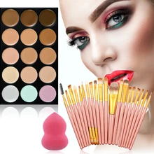 face15 Colors Cream Makeup Concealer Palette + 1hot pink Sponge Puff +20Pcs Powder Brushes kits 8colors to choose