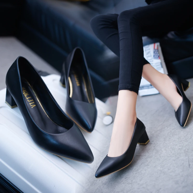Spring-new-thick-with-wild-women-s-single-shoes-Korean-version-of-shallow-mouth-pointed-black