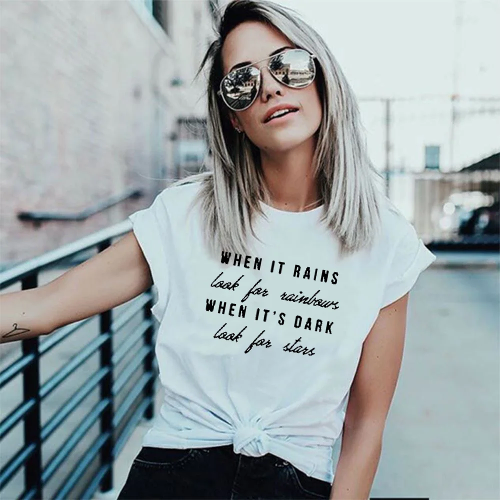 

When It Rains Look For Rainbows When It's Dark Look For Stars Summer Funny T-Shirt Positive Inspirational Meditation Shirt