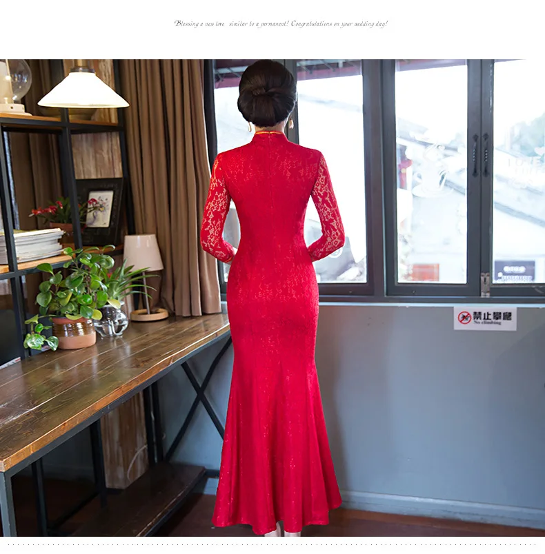 Длинный красный Cheongsam для Для женщин свадебные со шлейфом китайское традиционное платье леди Qipao платья Вечеринка цельный платье 90