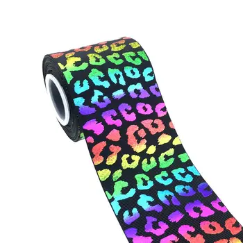 

Free shipping BOCA 50 yards 3"75mm rainbow Cheetah hologram grosgrain ribbon accept custom