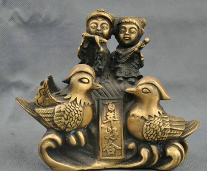 

8" Chinese Bronze Children Kid Sweetheart Love 2 Mandarin Duck Yuan Yang Statue R0712